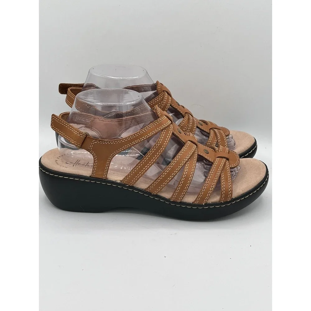 Clarks Delana Curve Women Sz 10M Tan Leather Strappy Wedge Sandals Comfort